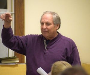 Peter Walsh speaks in favor of Dresden's proposal to buy 540 Gardiner Road during a special town meeting at Pownalborough Hall on Wednesday, Jan. 15. (Jessica Clifford photo)
