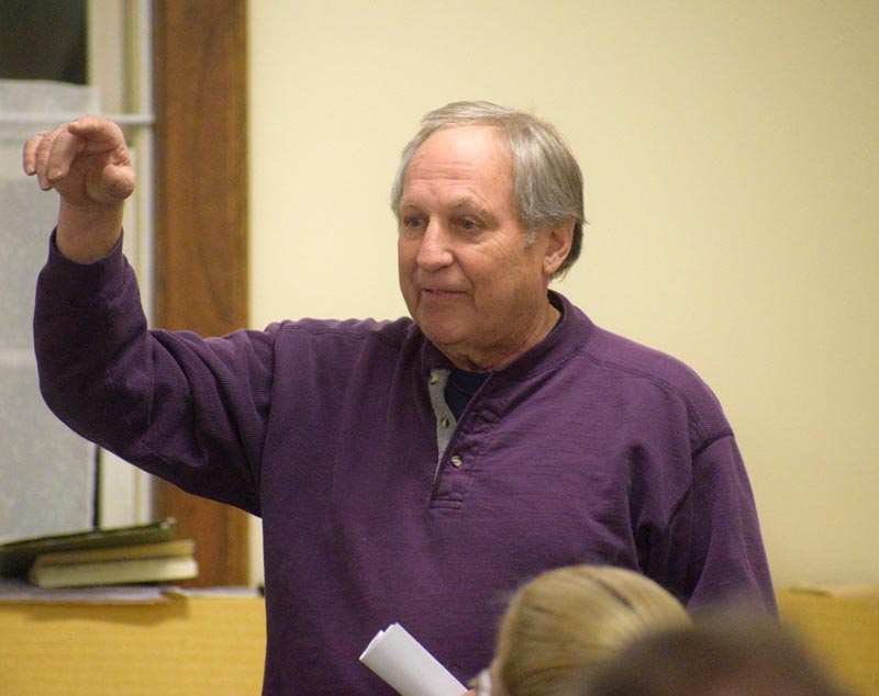 Peter Walsh speaks in favor of Dresden's proposal to buy 540 Gardiner Road during a special town meeting at Pownalborough Hall on Wednesday, Jan. 15. (Jessica Clifford photo)