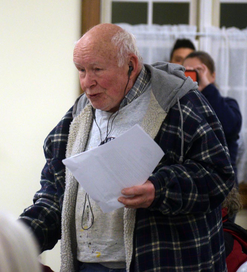 Dresden resident Gary Getchell speaks during a special town meeting at Pownalborough Hall on Wednesday, Jan. 15. (Jessica Clifford photo)