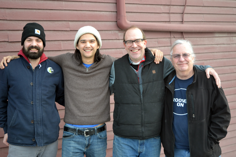 From left: Twin Villages open mic staples Caleb Jones, Griffin Han-Lalime, Corey Redonnett, and Chuck Benson. (Christine LaPado-Breglia photo)