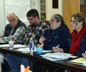 From left: Nobleboro Selectman Richard Powell and Nobleboro School Committee members Michael Ward, Angela White, and Shawna Kurr attend a meeting at the town office Thursday, Jan. 23. (Alexander Violo photo)