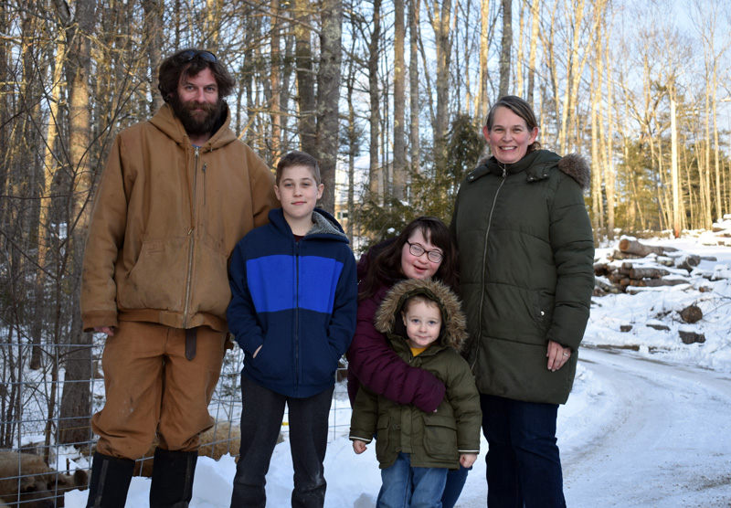 The Sturtevant family at their Switchback Farm in Nobleboro. From left: Matthew, Elijah, Harper, Bronson, and Maisie. (Alexander Violo photo)