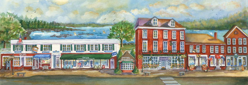 Kathleen Horst's watercolor painting of downtown Damariscotta.