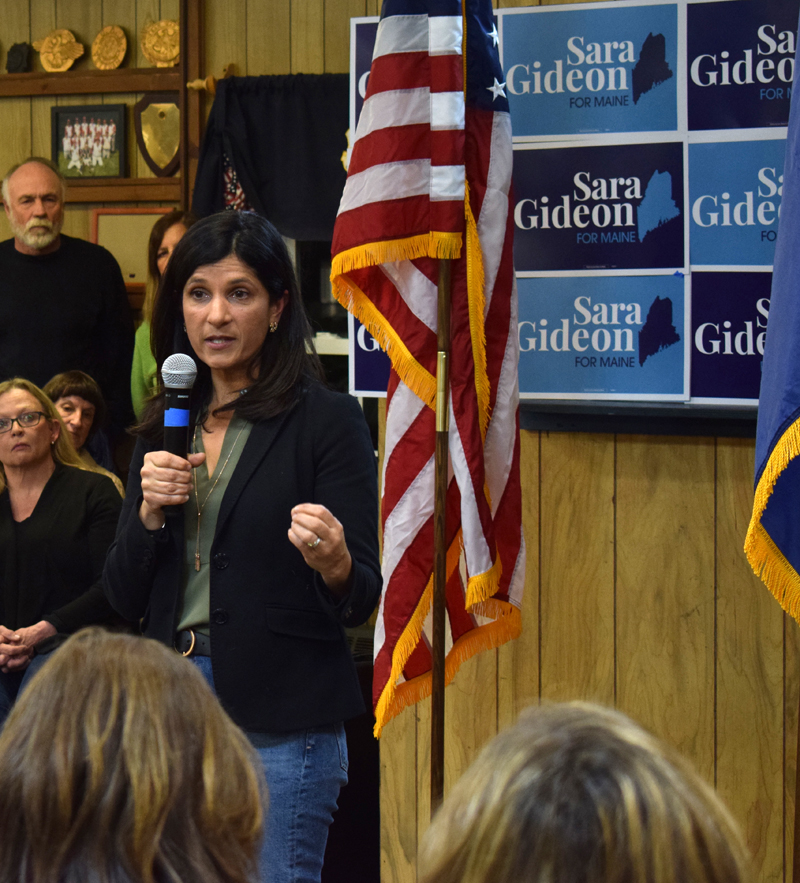 Sara Gideon, Democratic candidate for U.S. Senate, speaks to a crowd of more than 250 during a campaign stop at the Wells-Hussey American Legion Post No. 42 in Damariscotta on Monday, Feb. 10. (Evan Houk photo)