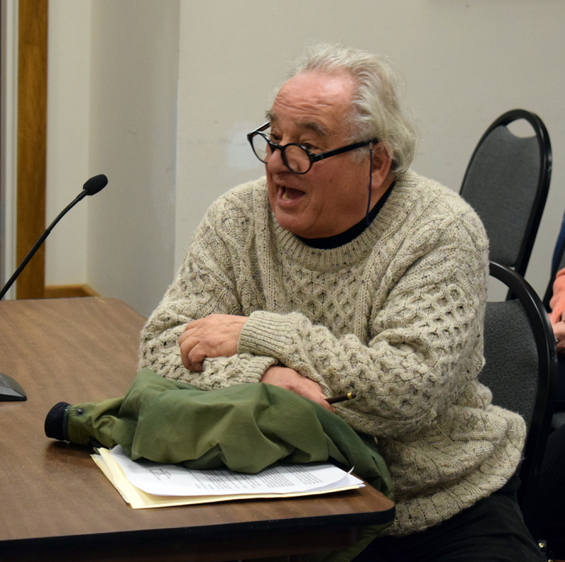 Damariscotta resident Rolf Winkes speaks at a public hearing about a historic preservation ordinance Wednesday, Feb. 5. Winkes and several other residents asked the Damariscotta Board of Selectmen to delay a vote on the ordinance. (Evan Houk photo)