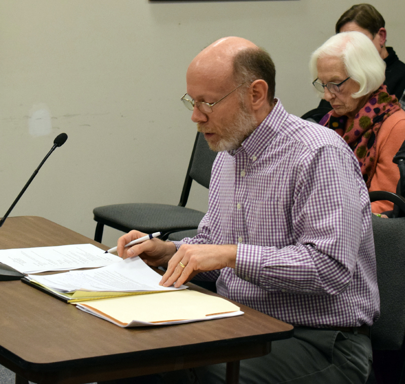 David Levesque, an attorney with an office in downtown Damariscotta, speaks at a public hearing about a historic preservation ordinance Wednesday, Feb. 5. Despite concerns, the selectmen could not remove the ordinance from the ballot because absentee voting is already underway. (Evan Houk photo)