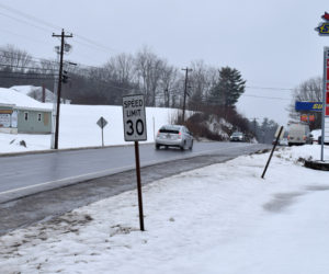 A 30-mph speed limit sign near the intersection of Main Street and School Street in Damariscotta. The Maine Department of Transportation will extend the 30-mph zone on Main Street to the intersection with Back Meadow Road within the next few weeks. (Evan Houk photo)