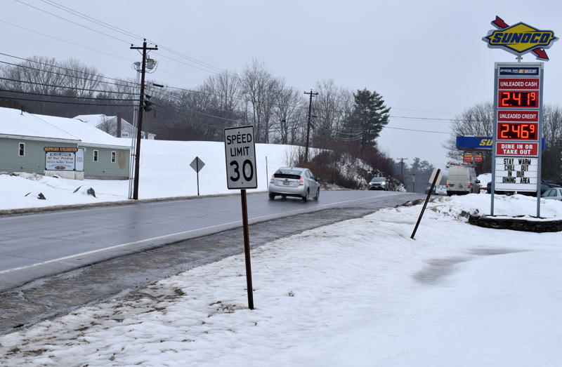 A 30-mph speed limit sign near the intersection of Main Street and School Street in Damariscotta. The Maine Department of Transportation will extend the 30-mph zone on Main Street to the intersection with Back Meadow Road within the next few weeks. (Evan Houk photo)