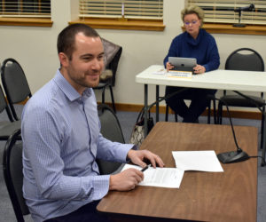 Matt Poole addresses the Damariscotta Planning Board on Monday, Feb. 3. The planning board approved Poole's request for a change of use at 60 School St., where he will open Tightlines Tackle Co. next month. (Evan Houk photo)