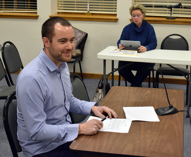 Matt Poole addresses the Damariscotta Planning Board on Monday, Feb. 3. The planning board approved Poole's request for a change of use at 60 School St., where he will open Tightlines Tackle Co. next month. (Evan Houk photo)