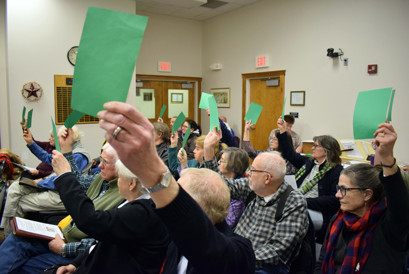 Damariscotta voters approve the creation of a tax increment financing district during a special town meeting at the town office Wednesday, Feb. 19. TIF district revenue will fund sidewalk construction on Main Street. (Evan Houk photo)