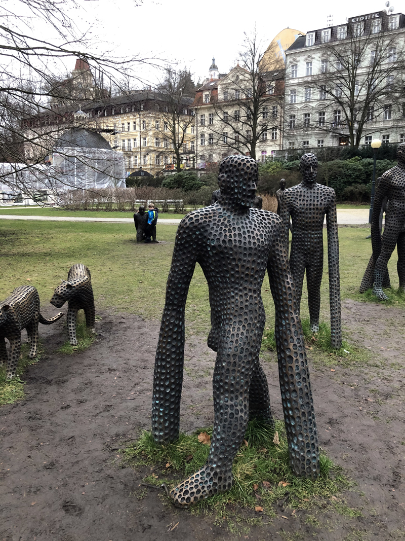 Bronze sculptures of people and animals by Prague artist Michal Gabriel in Karlovy Vary, Czech Republic. (Christine LaPado-Breglia photo)
