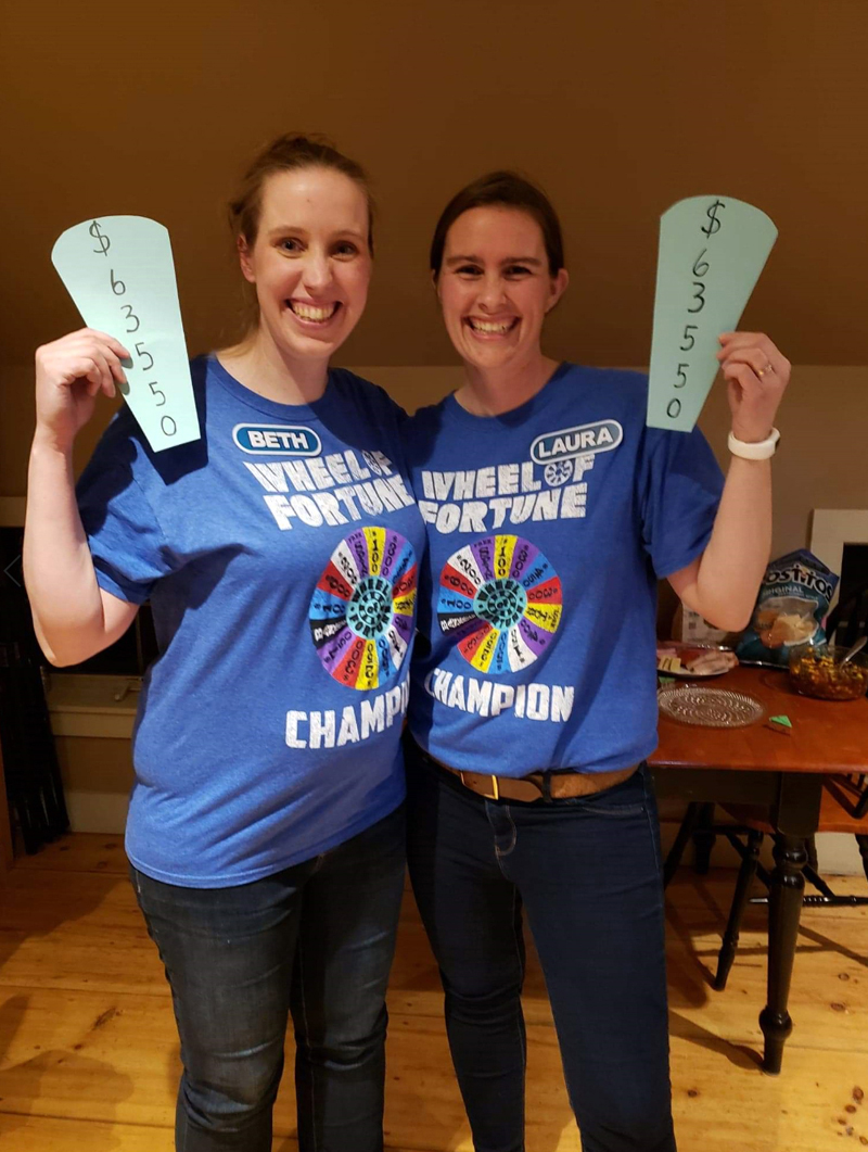 Beth Day (left) and Laura Oliver celebrate their "Wheel of Fortune" winnings during a watch party at Oliver's home in Nobleboro, Wednesday, Feb. 19. (Alexander Violo photo)