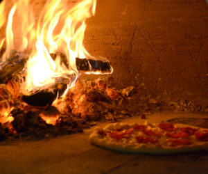 A pepperoni pizza in the wood-fired oven at Odd Alewives Farm Brewery in Waldoboro. (Maia Zewert photo)