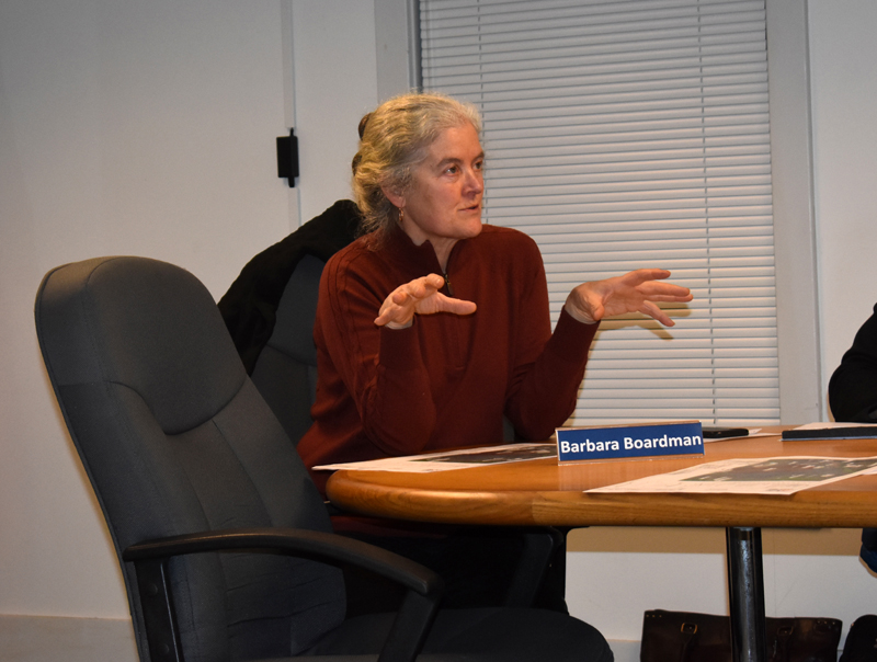 Waldoboro Planning Board member Barbara Boardman asks a question about a solar project planned for North Nobleboro Road. (Alexander Violo photo)