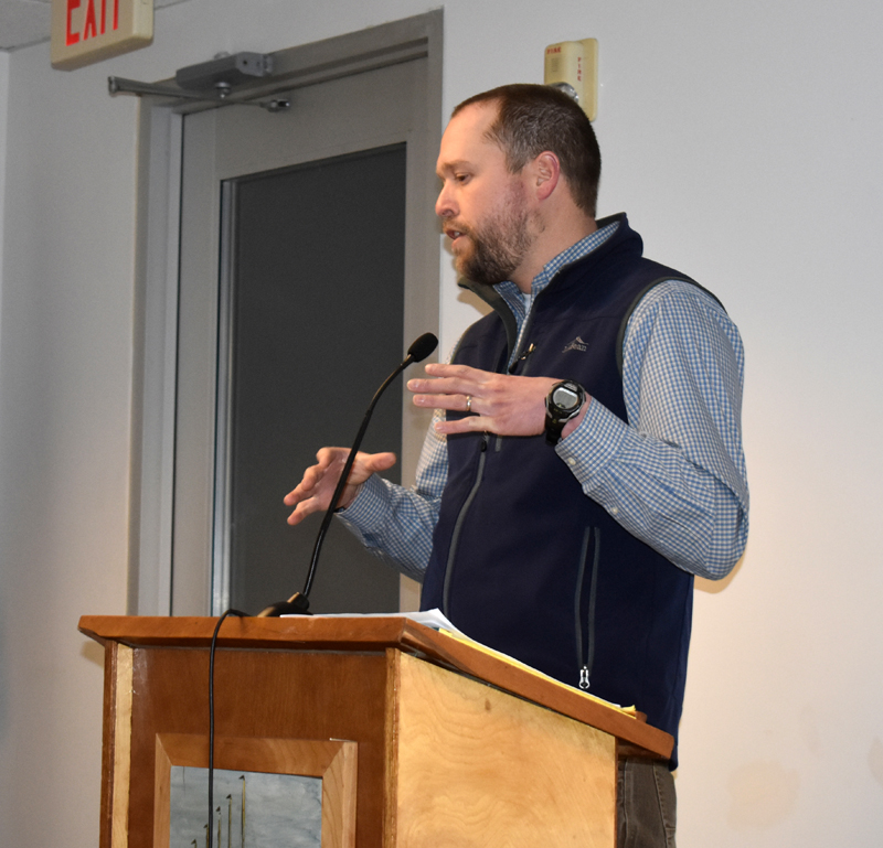 Thomas Tetreau, a project manager with Stantec, addresses the Waldoboro Planning Board on Wednesday, Feb. 12. (Alexander Violo photo)