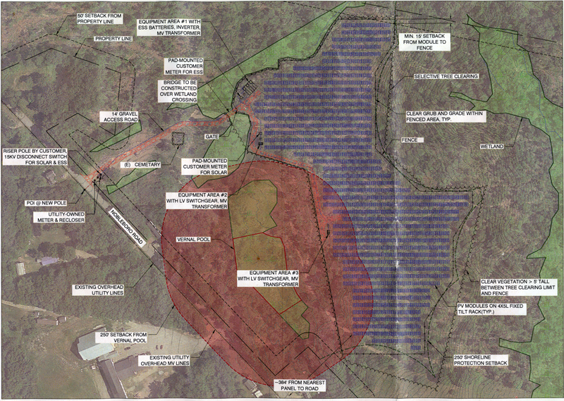 A site plan of a proposed solar farm on North Nobleboro Road in Waldoboro, with the solar panels in blue.