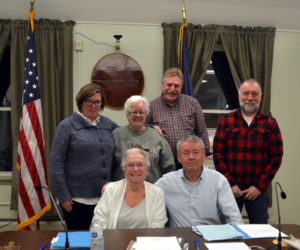 The Wiscasset Board of Selectmen poses for a photo with Town Manager John O'Connell after his announcement of his resignation Tuesday, Feb. 4. Front from left: Chair Judy Colby and O'Connell. Back from left: Selectmen Kim Andersson, Katharine Martin-Savage, Jefferson Slack, and Benjamin Rines Jr. (Charlotte Boynton photo)