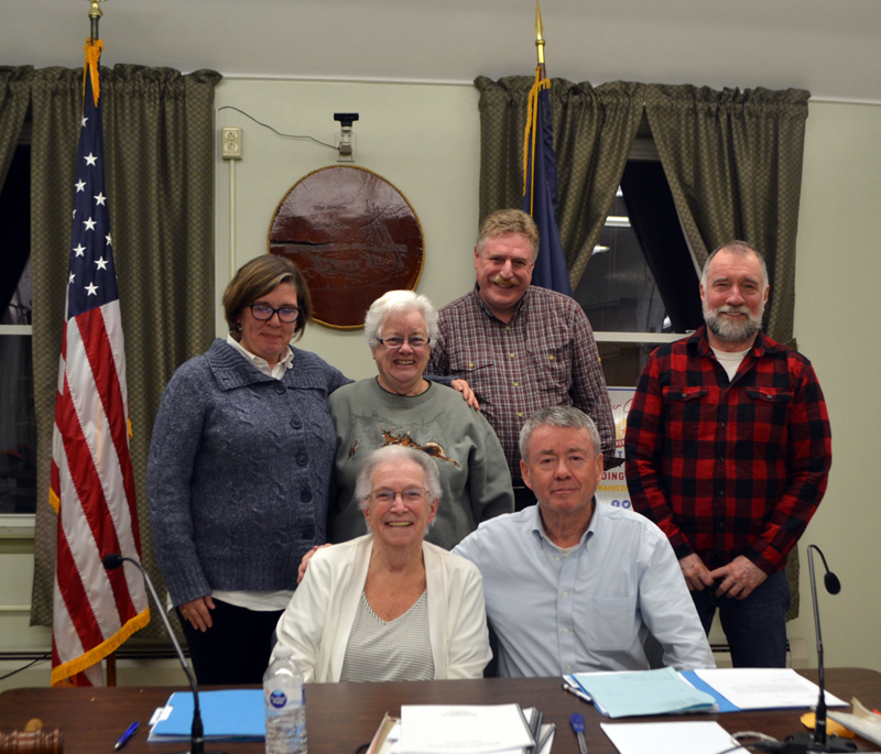 The Wiscasset Board of Selectmen poses for a photo with Town Manager John O'Connell after his announcement of his resignation Tuesday, Feb. 4. Front from left: Chair Judy Colby and O'Connell. Back from left: Selectmen Kim Andersson, Katharine Martin-Savage, Jefferson Slack, and Benjamin Rines Jr. (Charlotte Boynton photo)