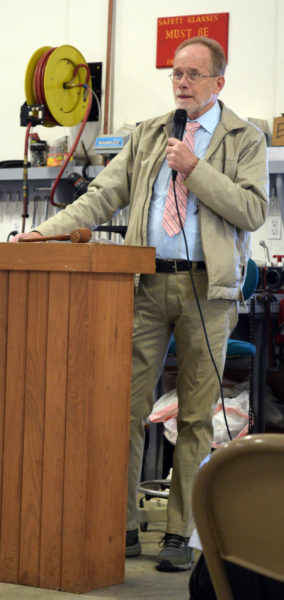 Chris Cooper moderates annual town meeting in Alna on Saturday, March 21. Voters tabled many articles for a later date due to coronavirus concerns. (Jessica Clifford photo)