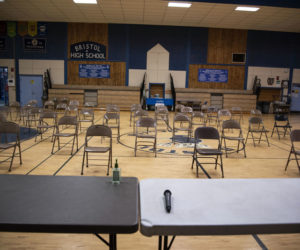 Chairs are carefully spaced for Bristol's annual town meeting in the Bristol Consolidated School gymnasium on Tuesday, March 17. The town held an abbreviated meeting and encouraged social distancing. (Bisi Cameron photo)