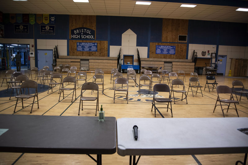 Chairs are carefully spaced for Bristol's annual town meeting in the Bristol Consolidated School gymnasium on Tuesday, March 17. The town held an abbreviated meeting and encouraged social distancing. (Bisi Cameron photo)