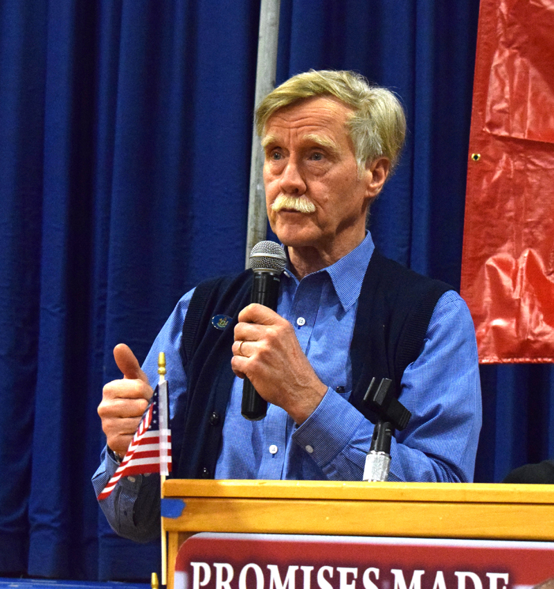 State Rep. Jeff Hanley, of Pittston, speaks during the Republican caucus at Great Salt Bay Community School in Damariscotta on Saturday, Feb. 29. (Evan Houk photo)