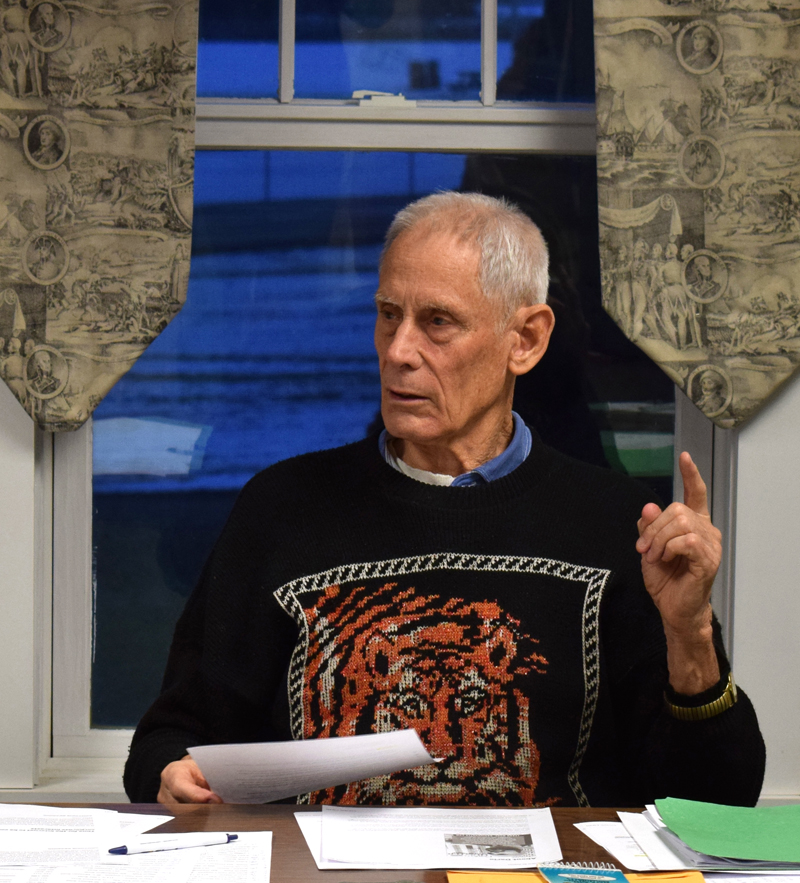 Jon Olsen, chair of the Green Independent Party town caucus, speaks to the three other pary members assembled for the caucus in the Jefferson town office on Wednesday, Feb. 26. (Evan Houk photo)