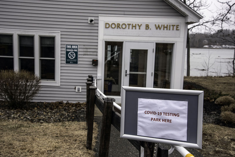 A sign directs people to park in front of the Dorothy B. White building, on LincolnHealth's Miles Campus in Damariscotta, for COVID-19 testing, Tuesday, March 17. The hospital will only test patients on a doctor's orders. (Bisi Cameron photo)