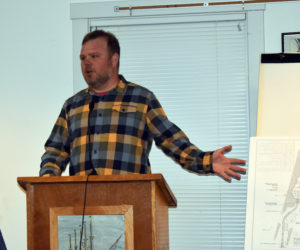Joe Harrison, director of project development at SunRaise Investments, addresses the Waldoboro Planning Board on Wednesday, March 11. The board approved the New Hampshire developer's plans for a 3-megawatt solar farm on North Nobleboro Road. (Alexander Violo photo)