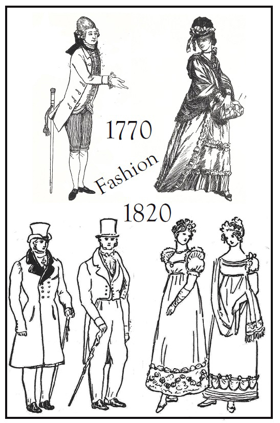 Fashions of 1770 and 1820. The latter fashions might have been worn to statehood parties in Maine.