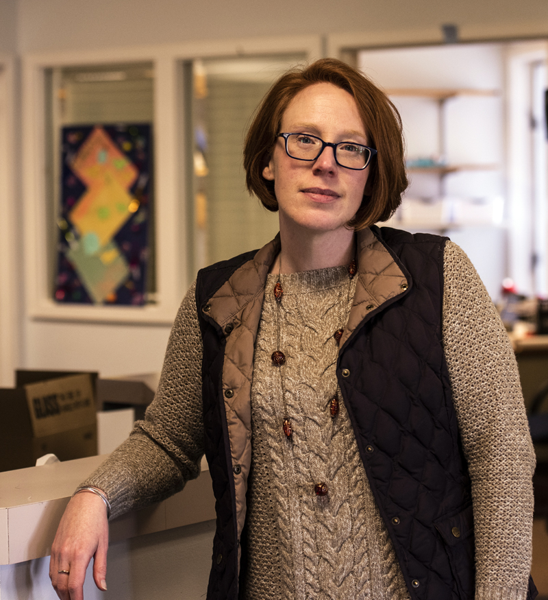 Executive Director Rebecca Emmons stands in the lobby of Mobius Inc. in Damariscotta on March 31. Mobius provides aid and support for intellectually and developmentally disabled community members. (Bisi Cameron Yee photo)