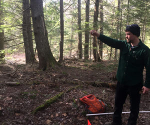 Noah Begin, of Damariscotta, uses a 10-BAF prism to determine which trees to measure over a plot center, indicated by an orange flag. Begin is pursuing a master's degree in forestry from the University of Maine. (Photo courtesy Jenny Begin)