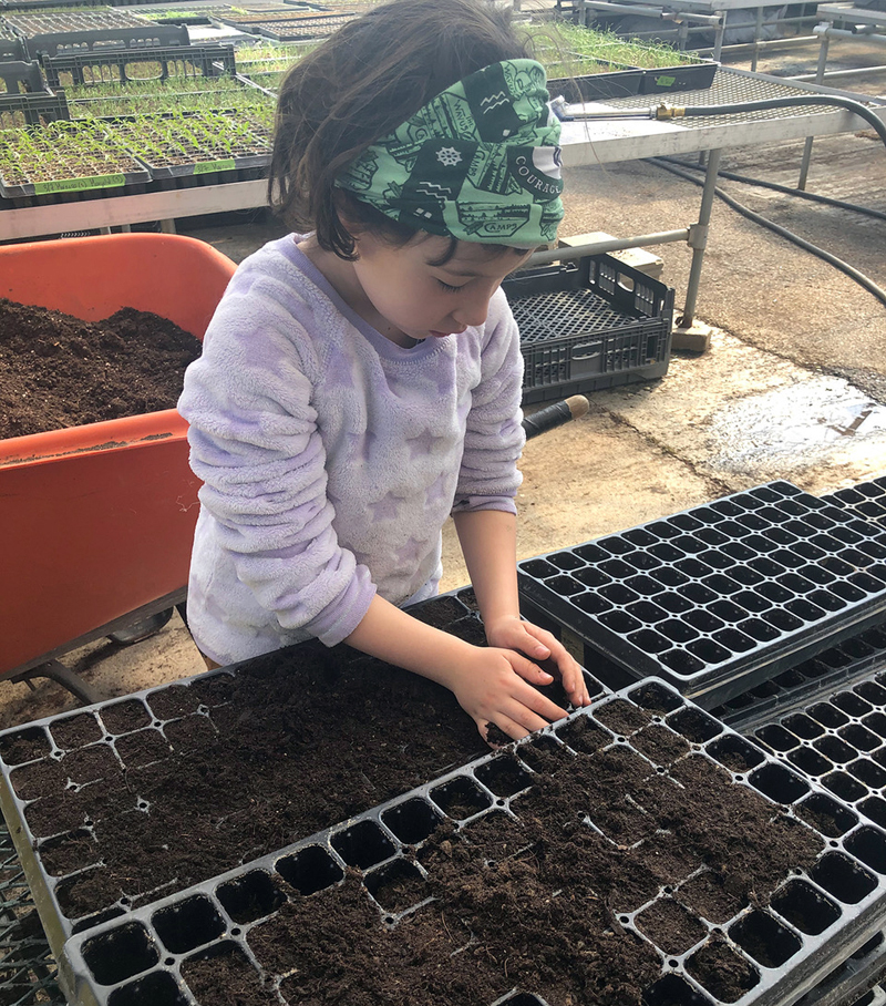 Farm directors Sara Cawthon and Megan Taft recruit their daughter Adley to help with planting seedlings.