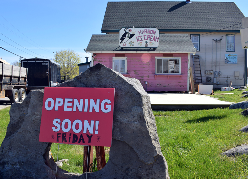 A sign announces that Harbor Ice Cream in New Harbor will open Friday, May 22. The stand is undergoing some improvements in the meantime, which will include a paint job. (Evan Houk photo)