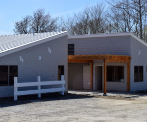 A red cedar pergola and flying sea gulls adorn the front entrance of the new Pemaquid Beach Pavilion. Construction on the pavilion wrapped Friday, May 15. (Evan Houk photo)