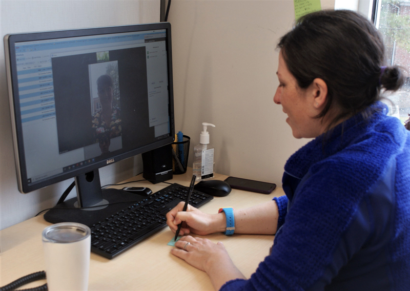 Dr. Melissa Keeport, a physician with Lincoln Medical Partners, speaks to a co-worker during a telehealth test run April 27. (Photo courtesy John Martins)