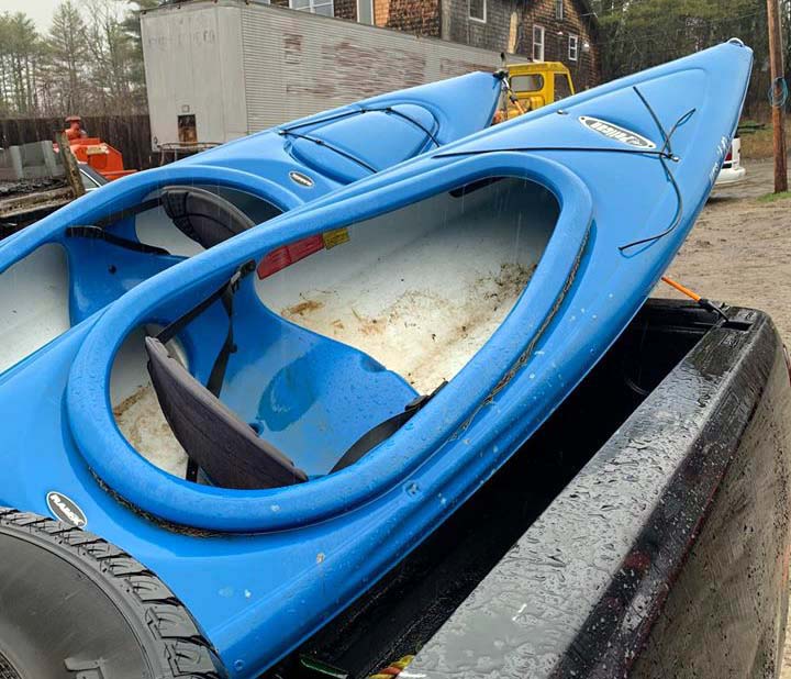 The owner of these kayaks is asked to call the Wiscasset Police Department. (Photo courtesy Wiscasset Police Department)