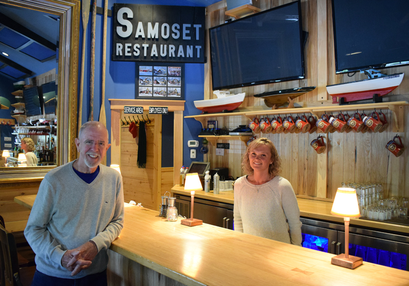 From left: Cary Myles, the new owner of The Harbor Room, and Cortney Geyer, the new manager, stand by the bar of the New Harbor restaurant Monday, June 1. Myles and Geyer expect to reopen the restaurant in late June or early July. (Evan Houk photo)