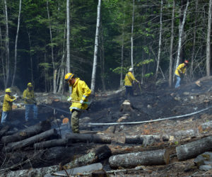 A team of firefighters works to locate hot spots after a brush fire off Stoneybrook Lane in Bristol the afternoon of Tuesday, June 2. (Evan Houk photo)