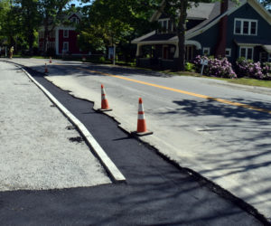 After delays, paving began on the Bristol Road sidewalk project in Damariscotta on Tuesday, June 16. The on-site inspector for the town estimates that the project will be complete by Friday, June 26. (Evan Houk photo)