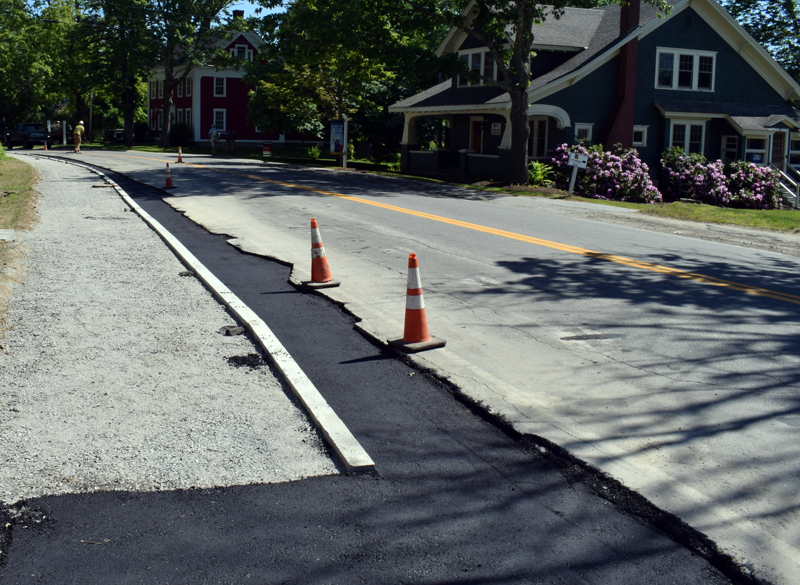 After delays, paving began on the Bristol Road sidewalk project in Damariscotta on Tuesday, June 16. The on-site inspector for the town estimates that the project will be complete by Friday, June 26. (Evan Houk photo)