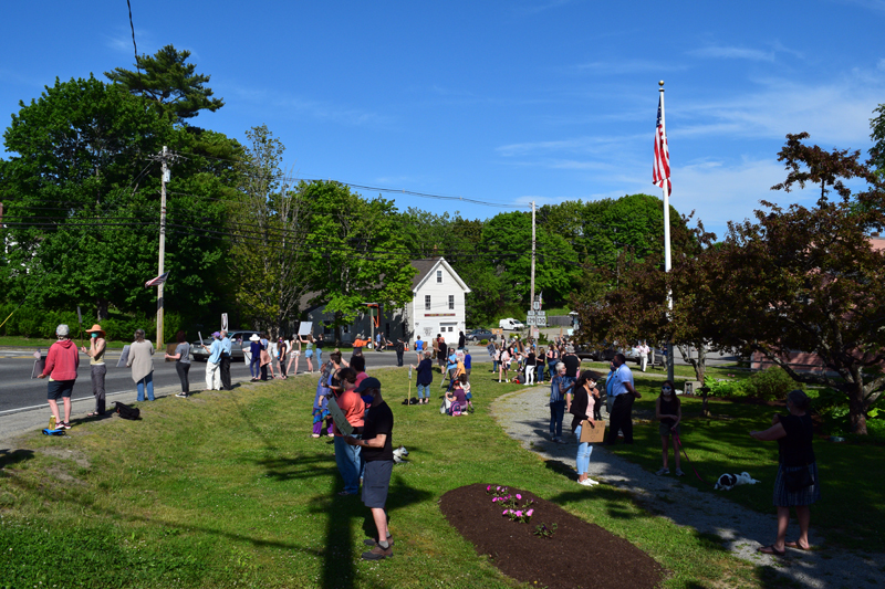 A protest against racism and police violence in Veterans Memorial Park, Newcastle, Thursday, June 4. About 70 gathered for the event organized by Stacey Simpson, of Damariscotta. (Hailey Bryant photo)