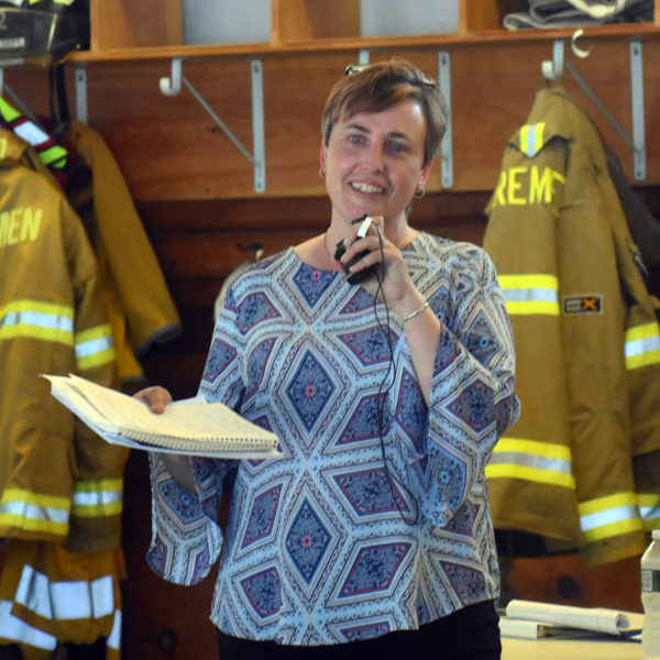 The Rev. Charlene Corbett, a Bremen resident and pastor of The Second Congregational Church in Newcastle, moderates a forum on policing at the Bremen fire station, Thursday, July 9. (Alexander Violo photo)