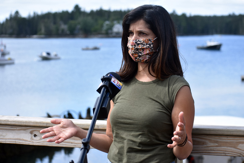 Sara Gideon, Democratic candidate for U.S. Senate, kicks off her general election campaign on the Bremen waterfront, Wednesday, July 15. (Alexander Violo photo)