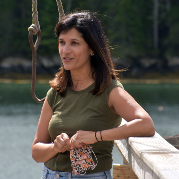 Sara Gideon, D-Freeport, speaks with reporters on the dock at the Bremen Lobster Pound Co-op, Wednesday, July 15. Gideon split her first day of the general election campaign between Bremen, Augusta, and Brewer. (Alexander Violo photo)