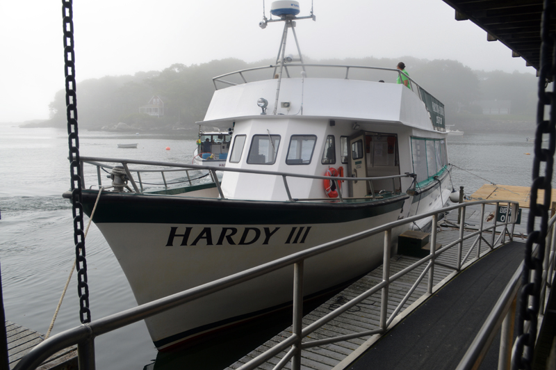 The Hardy III awaits passengers for ferry service to Monhegan at the dock in New Harbor on a foggy morning. The ecotourism and ferry business Hardy Boat Cruises won the Govenor's Award for Tourism Excellence in late June. (Alyce McFadden photo)