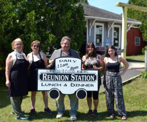 From left: Betty Fitzpatrick, Sharlene and Dale Feltis, Linda Bailey, and Kelsey Briggs are ready to welcome customers back for indoor dining at Reunion Station in Damariscotta.