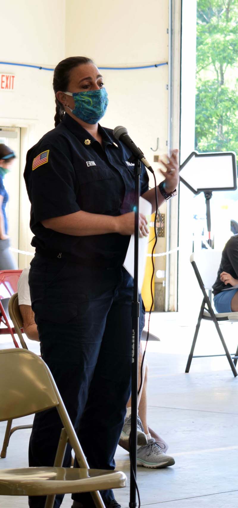 Erin Bean, deputy director of the Wiscasset Ambulance Service, explains the increase in Dresden's price for the service at Dresden's annual town meeting on Saturday, July 18. (Evan Houk photo)