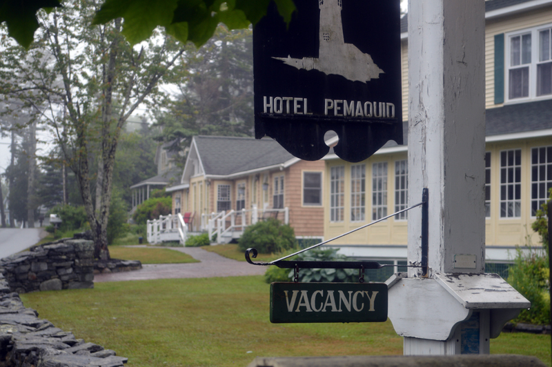 A vacancy sign hangs outside Hotel Pemaquid. The hotel is usually between half and two-thirds full at this point in its season; right now, only three units are in use. (Alyce McFadden photo)